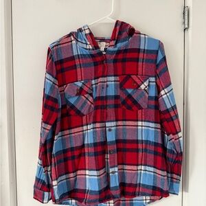 Plaid Women’s Cozy Flannel Shirt with Hood - Red and Blue